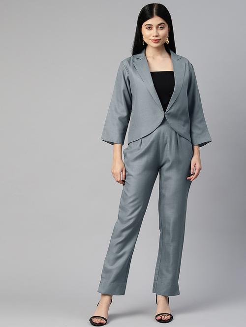 grey solid blazer and trousers co-ord - 20346202 -  Standard Image - 0