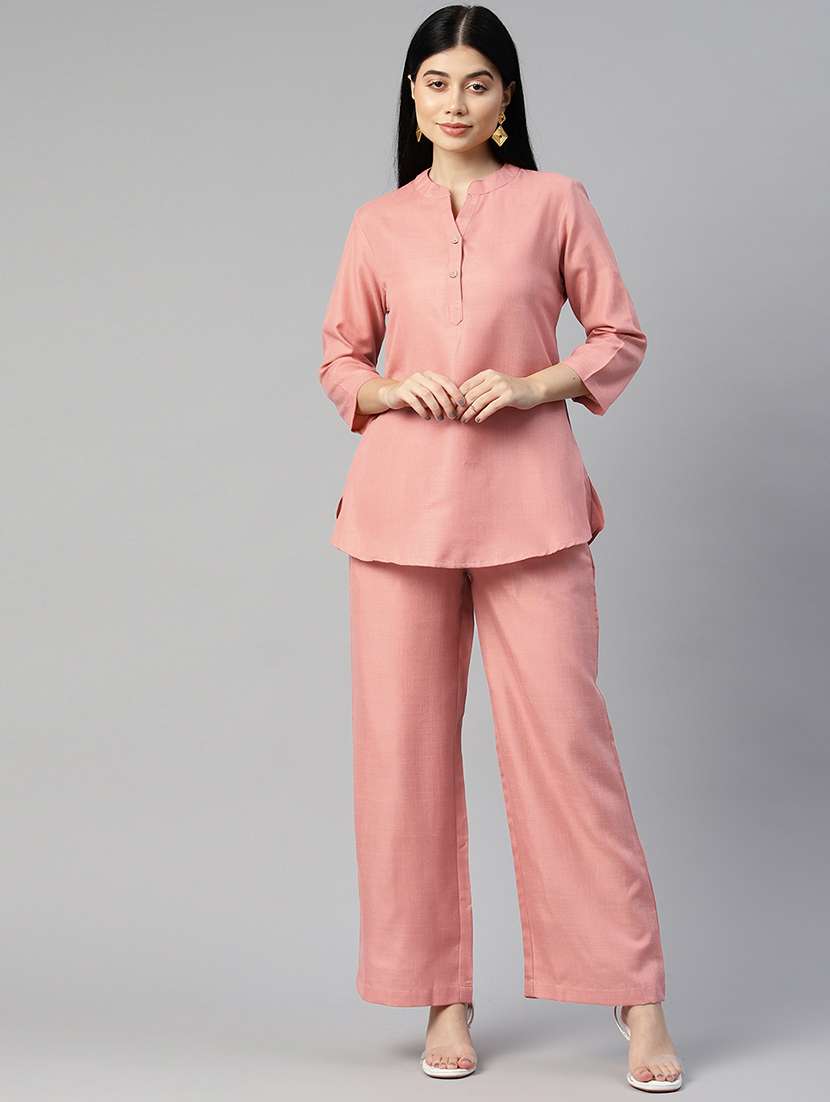 coral solid top and palazzos co-ord