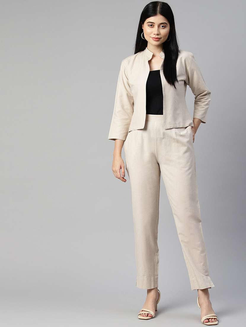 cream solid blazer and trousers co-ord