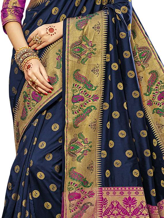 navy blue colored banarasi saree with blouse - 20347057 - Standard Image - 2