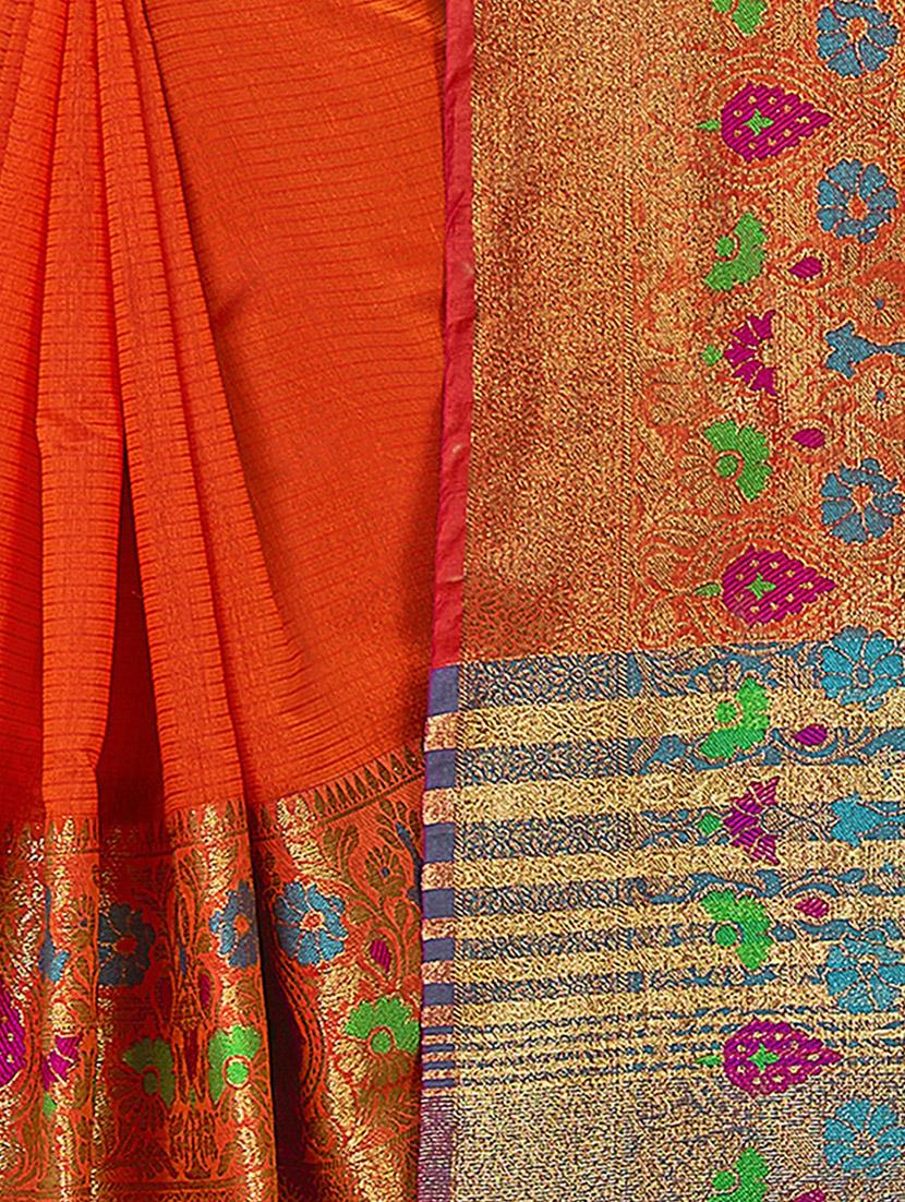 orange solid with bordered saree with blouse - 20349218 - Standard Image - 2