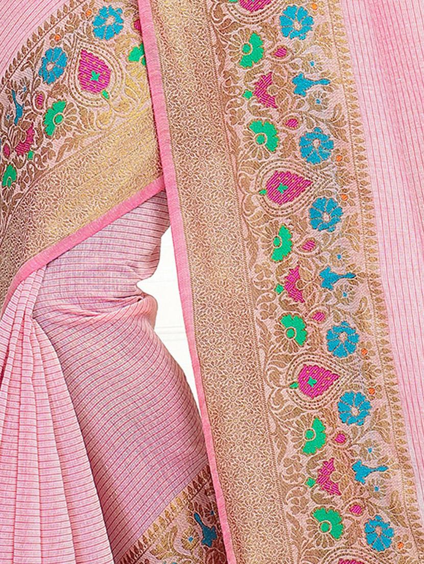 pink self design bordered saree with blouse - 20349250 - Standard Image - 2