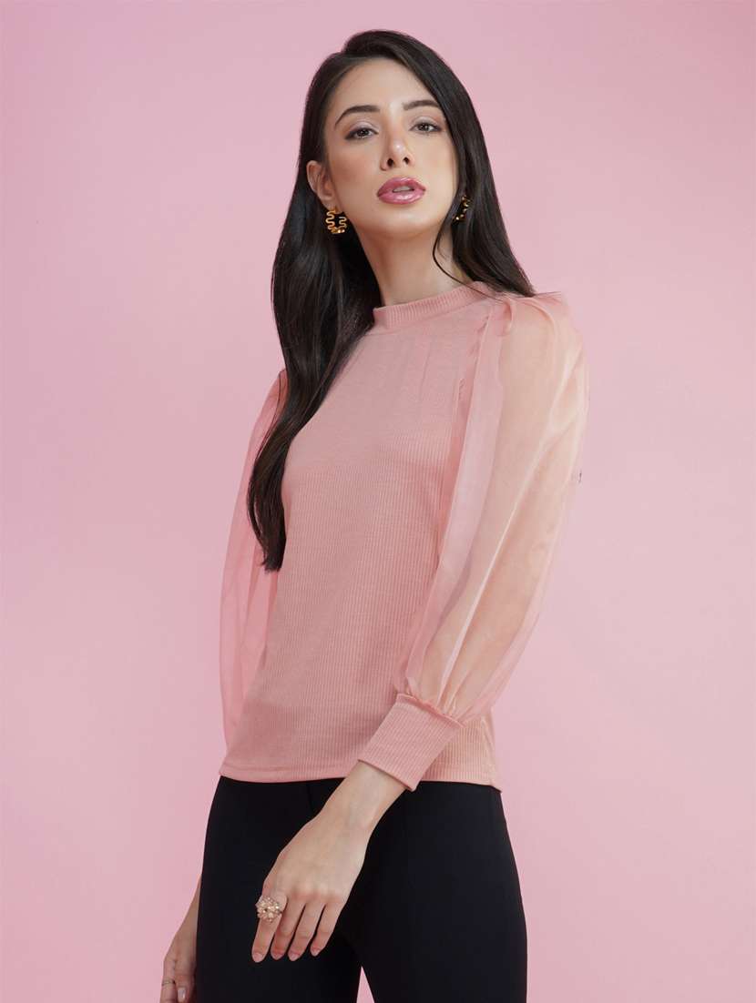 pink solid puff sleeves regular top - 20349348 -  Standard Image - 2