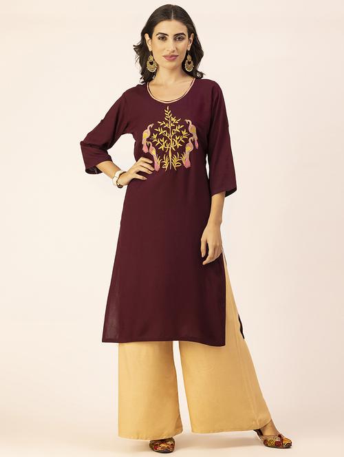women burgundy round neck straight kurta - 20350195 -  Standard Image - 0