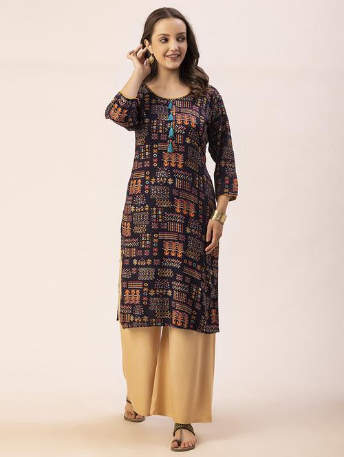 women navy blue round neck straight kurta - 20350203 -  Standard Image - 0