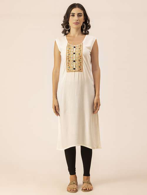 women off-white round neck straight kurta - 20350239 -  Standard Image - 0