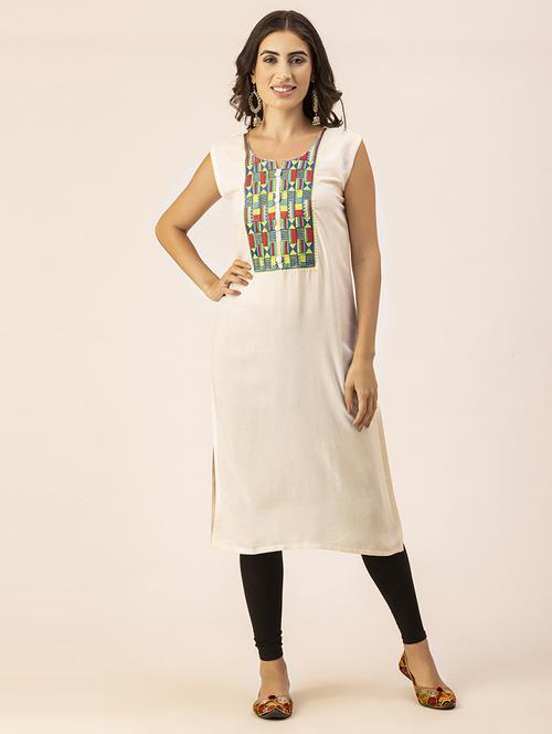 women off-white notch neck straight kurta - 20350242 - Standard Image - 0