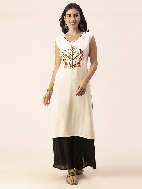 women off-white round neck straight kurta - 20350244 -  Standard Image - 0