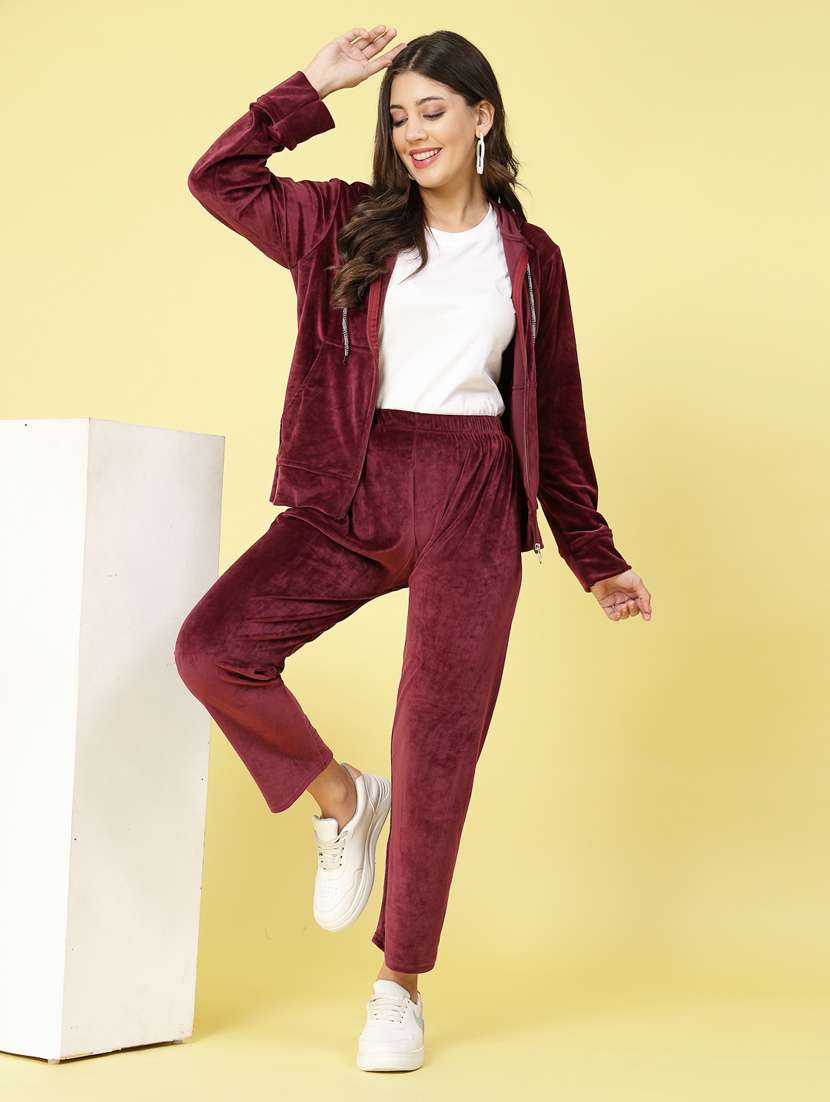 women maroon velvet top and trouser co-ord set - 20351711 - Standard Image - 2