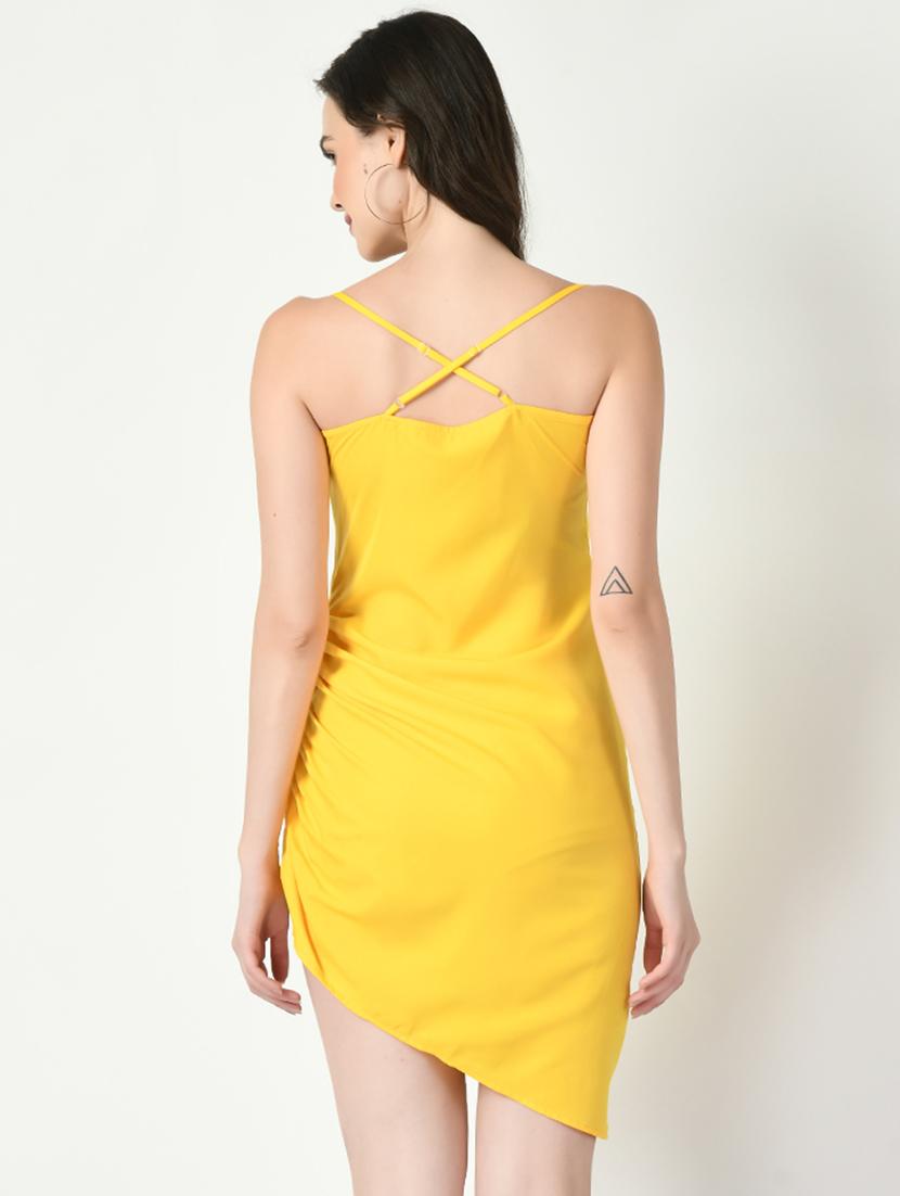 yellow solid shoulder strap asymmetric dress - 20351719 - Standard Image - 2