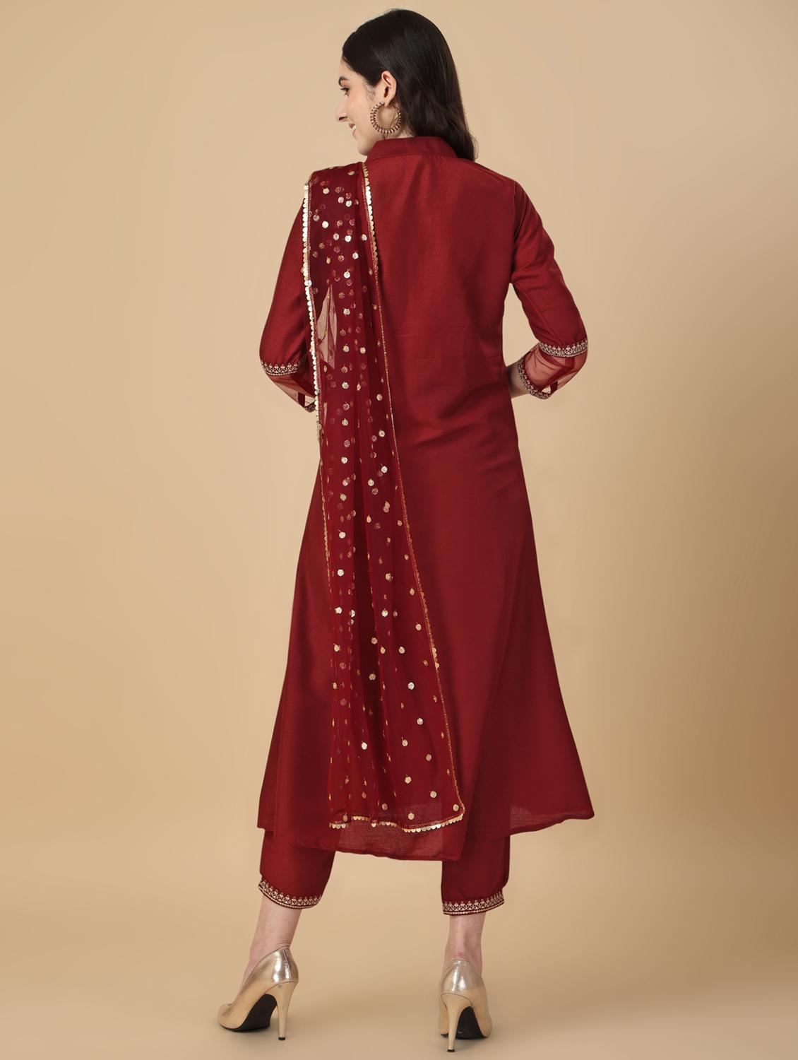 maroon three quarter sleeve suit set - 20353698 - Standard Image - 2