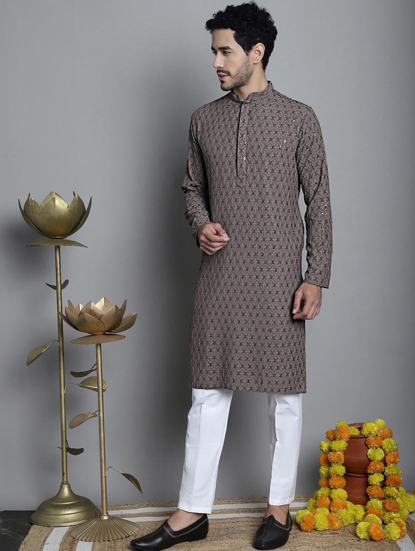 men brown sequin embroidered viscose kurta pyjama ethnic wear set - 20353851 - Standard Image - 2