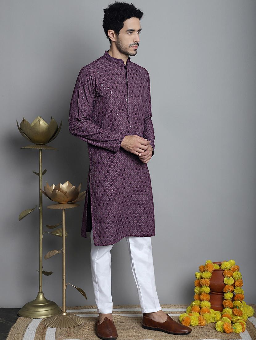 men purple sequin embroidered viscose kurta pyjama ethnic wear set - 20353852 - Standard Image - 2