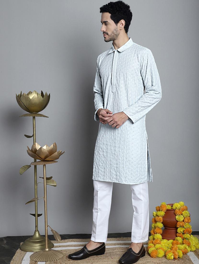 men light blue embroidered viscose kurta pyjama ethnic wear set - 20353854 - Standard Image - 2