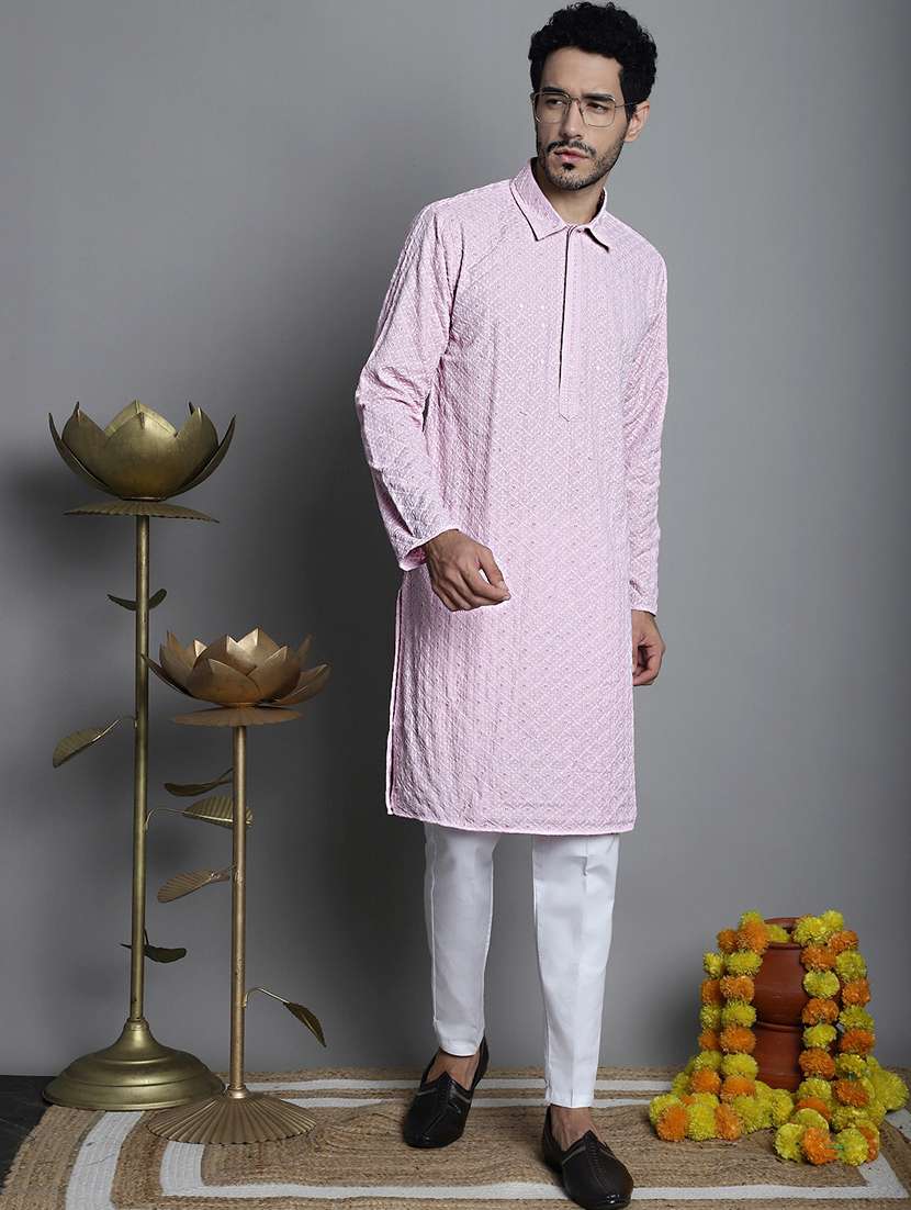 men pink embroidered viscose kurta pyjama ethnic wear set