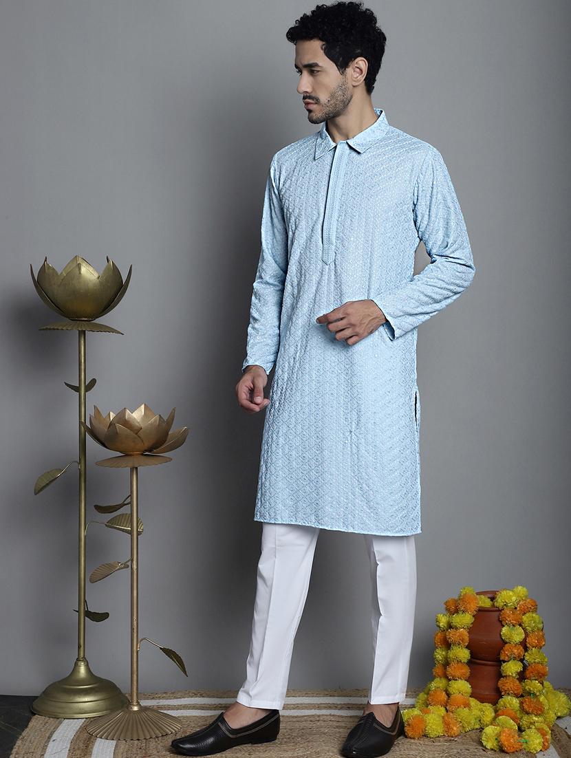 men light blue embroidered viscose kurta pyjama ethnic wear set - 20353856 - Standard Image - 2