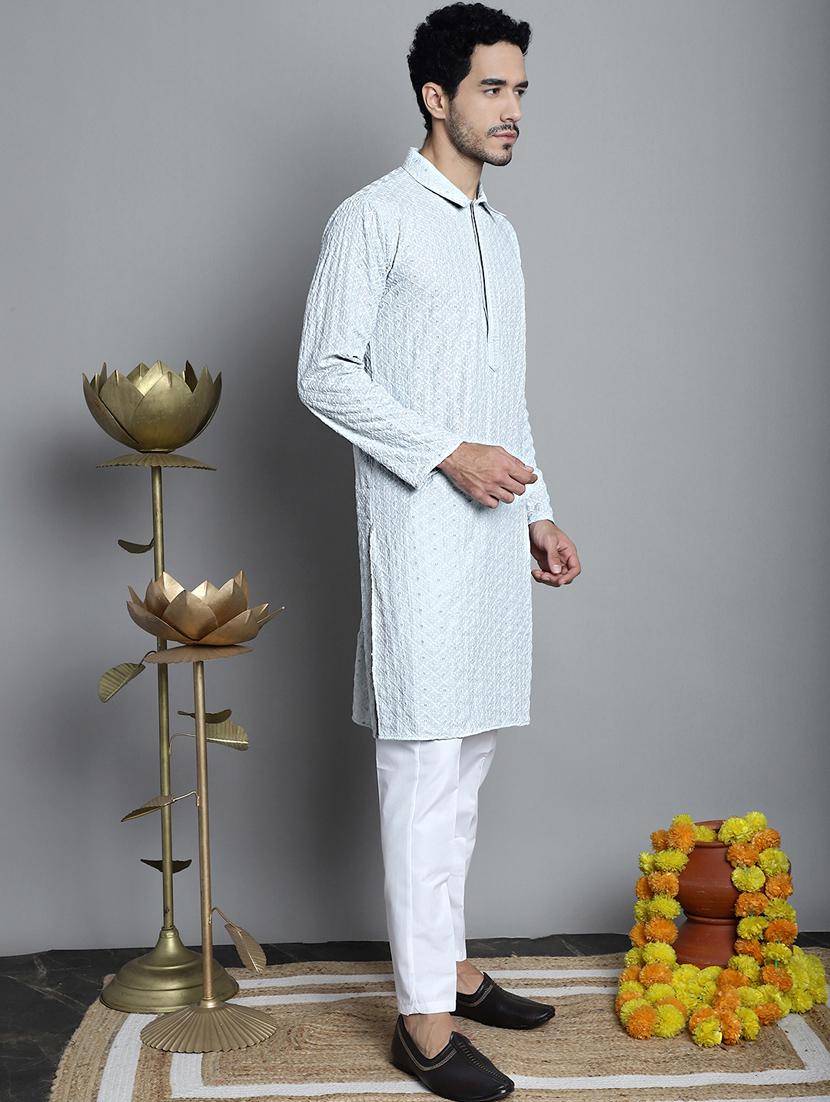 men white embroidered viscose long kurta - 20354929 - Standard Image - 2