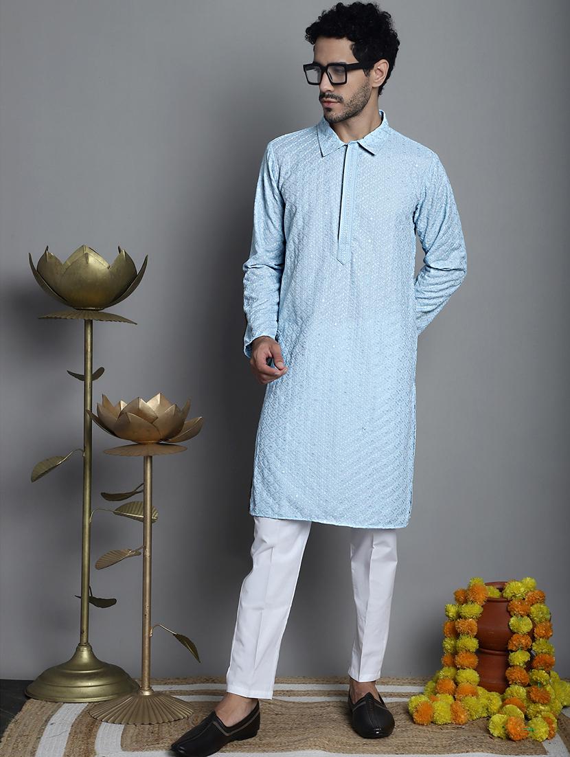 men light blue embroidered viscose long kurta - 20354931 - Standard Image - 2