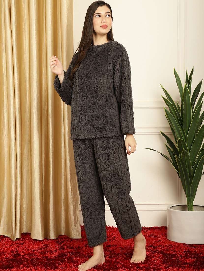 brown self design pyjama nightwear set - 20355159 - Standard Image - 2