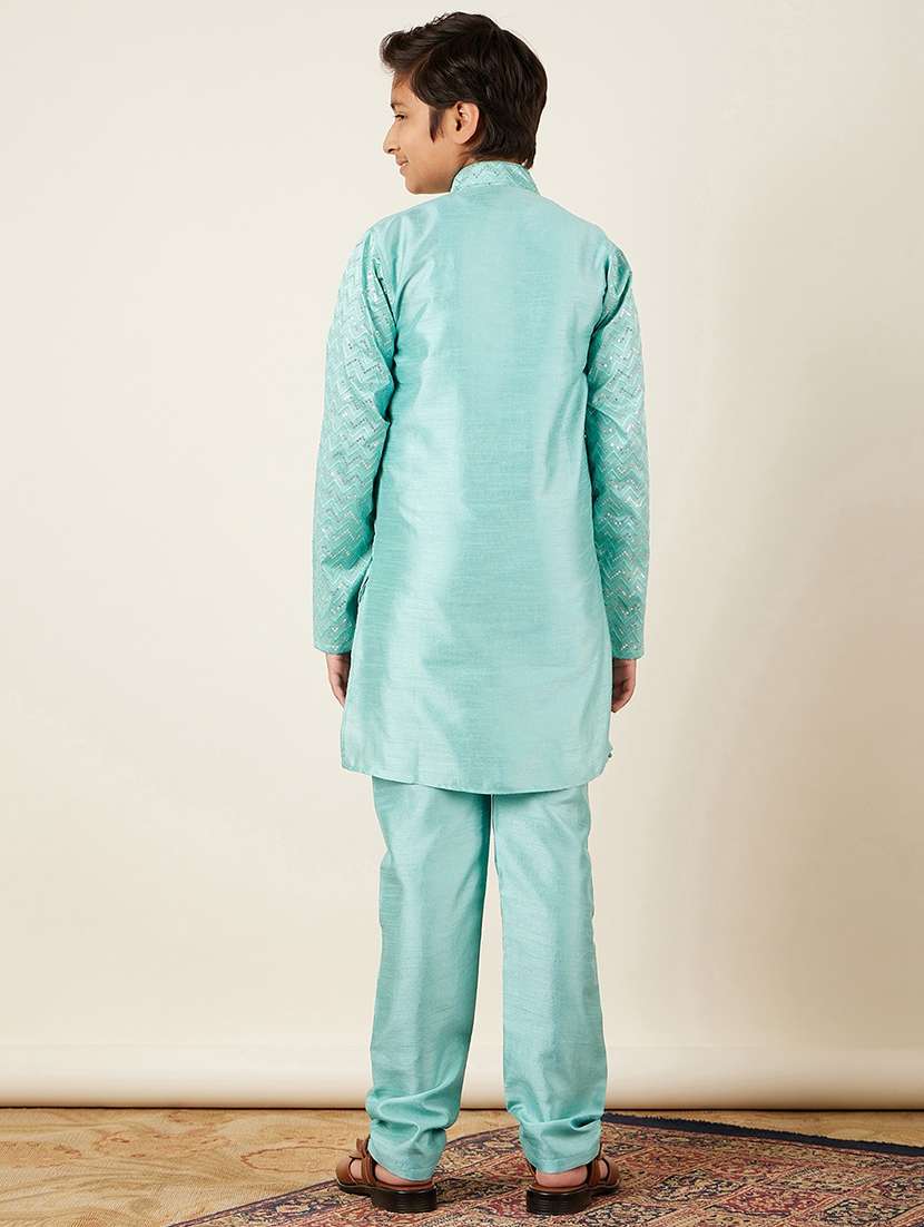 light blue self designed mandarin neck kurta set - 20359584 - Standard Image - 2