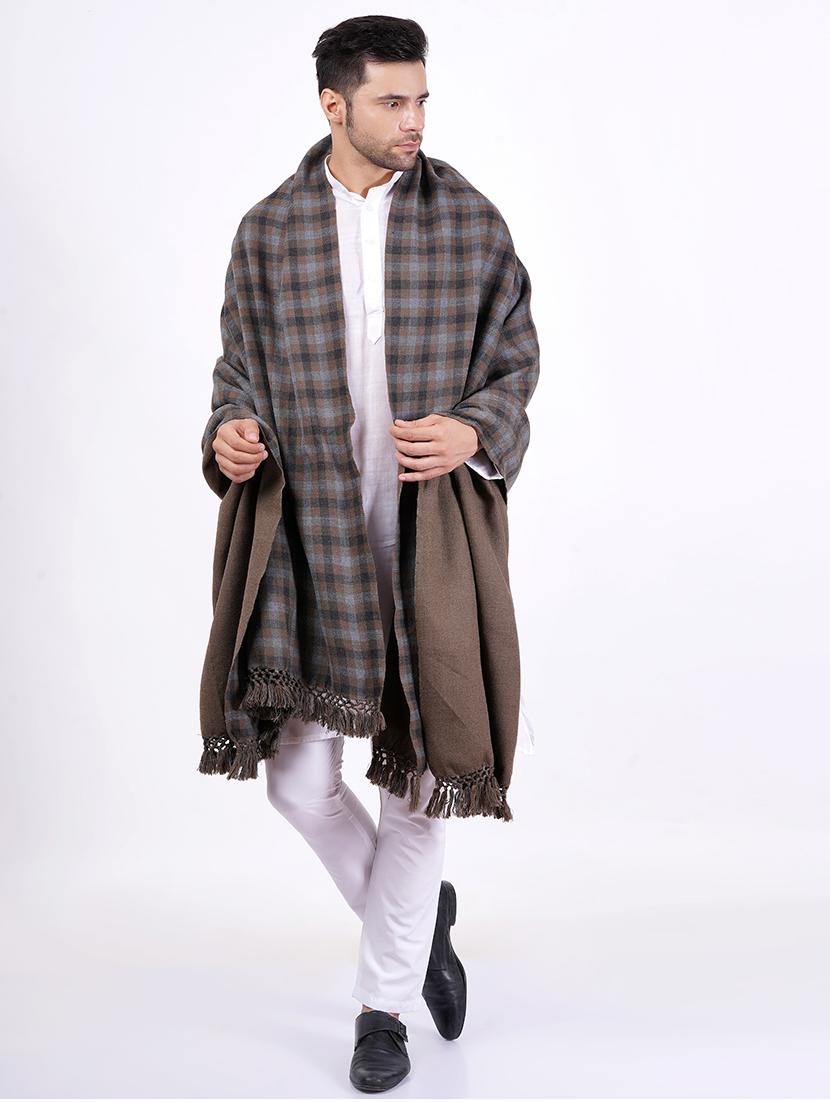 men brown checkered wool reversible shawl - 20359891 - Standard Image - 2