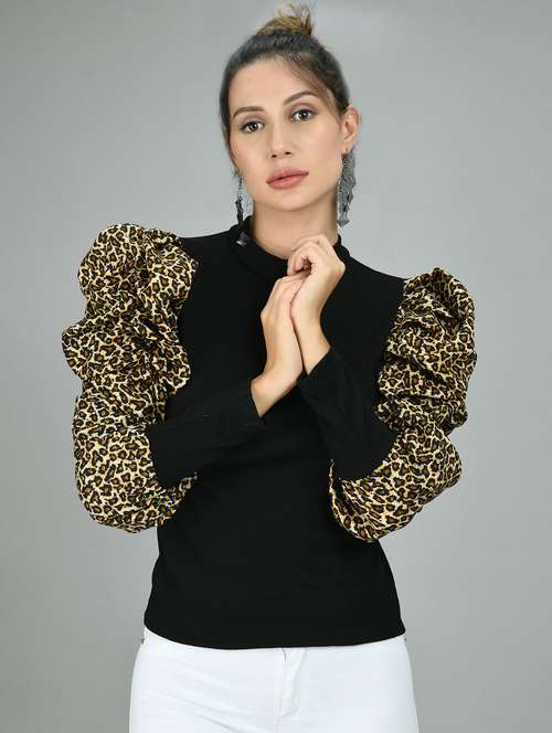 black animal print sleeve regular top - 20359996 -  Standard Image - 0
