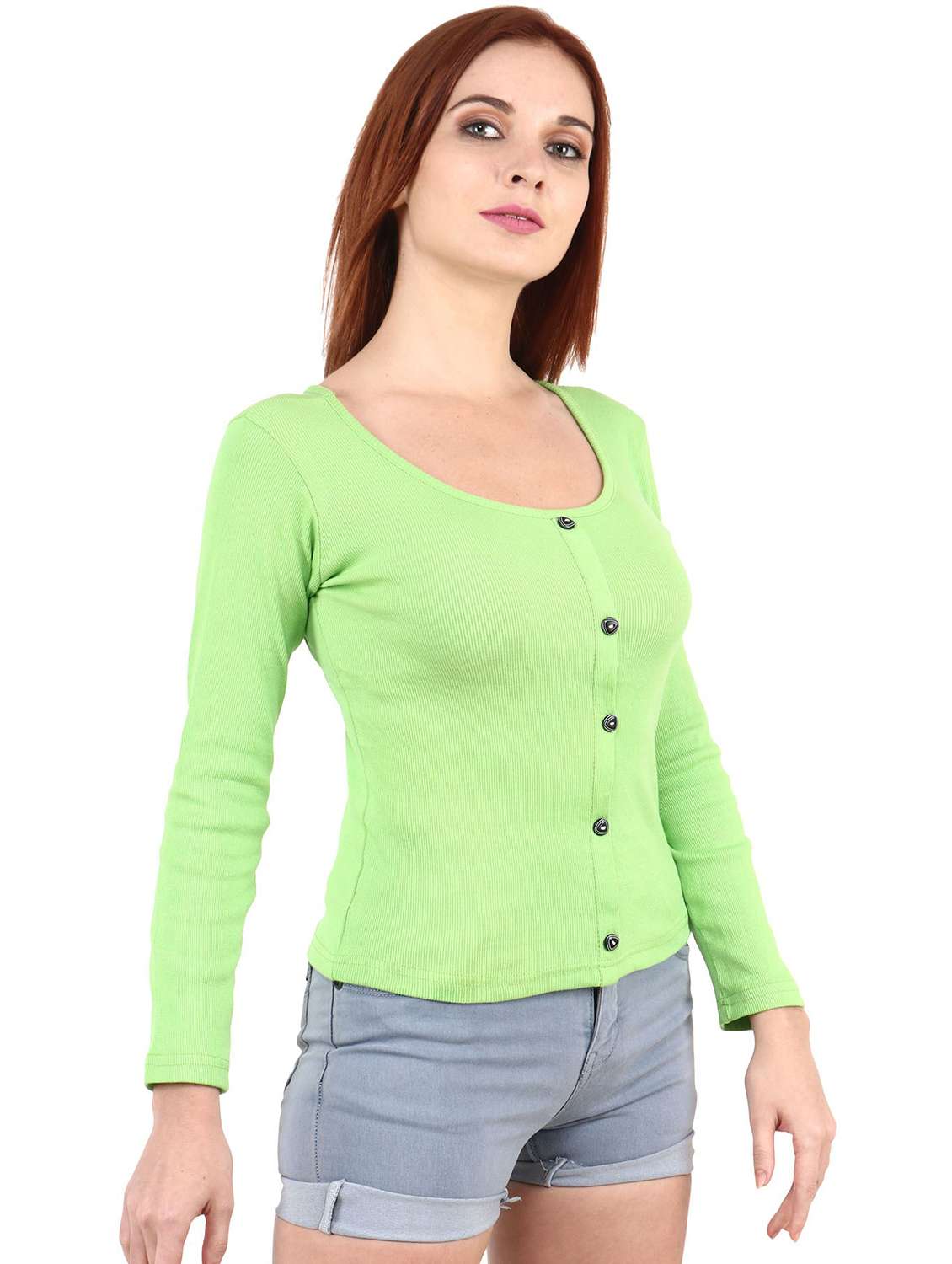 green solid long sleeves regular top - 20360025 - Standard Image - 2