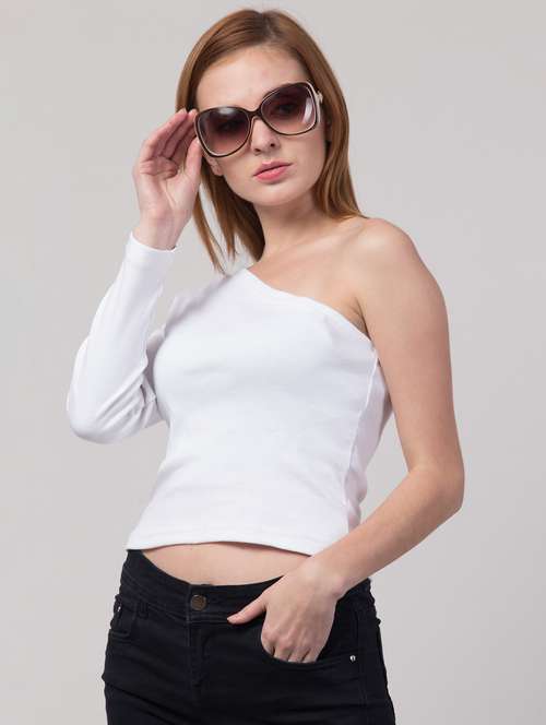 white solid asymmetric neck regular top - 20360037 -  Standard Image - 0