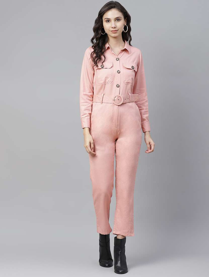 pink solid shirt collar full length jumpsuit
