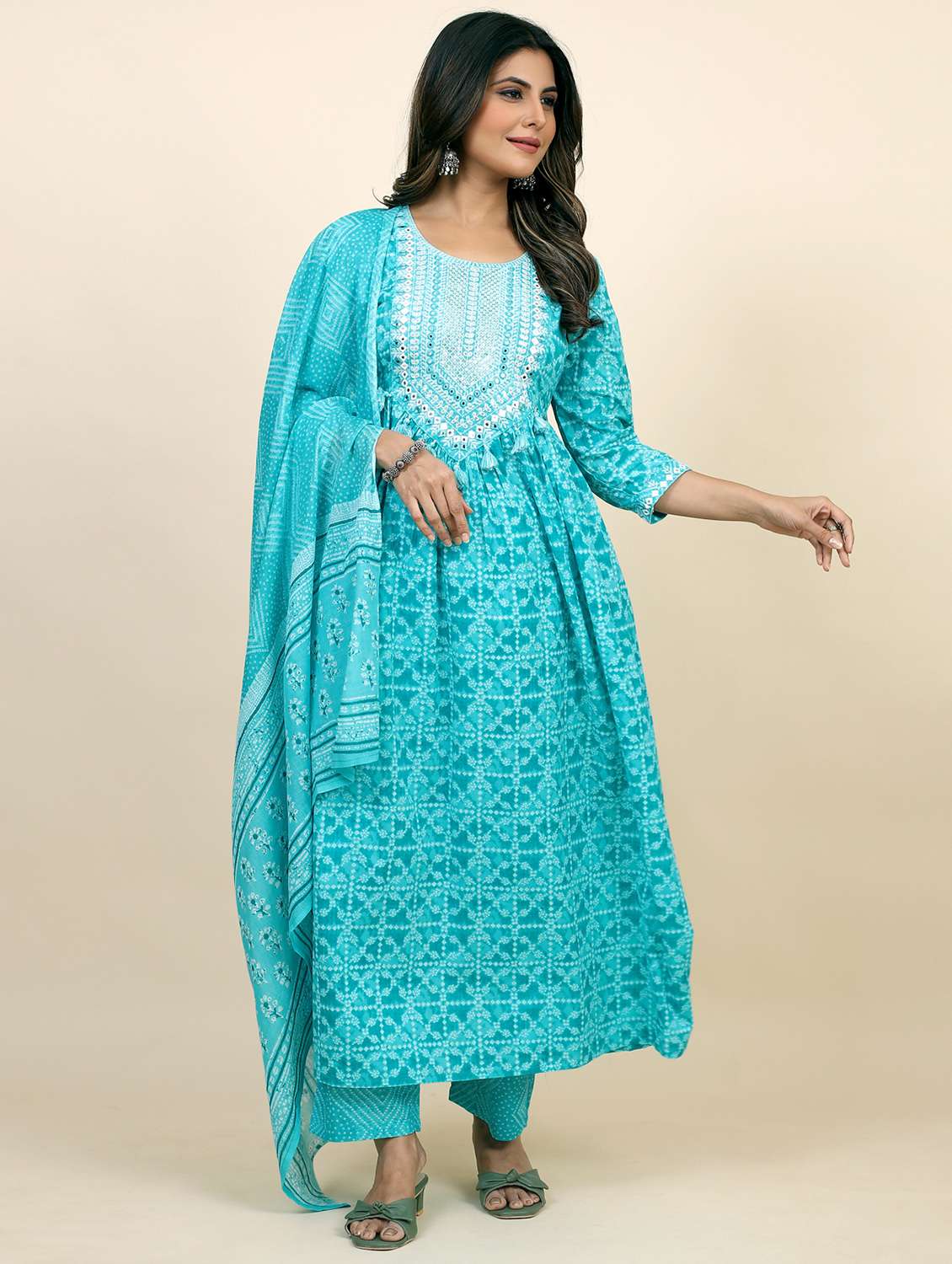 women light blue printed kurta pant set with dupatta