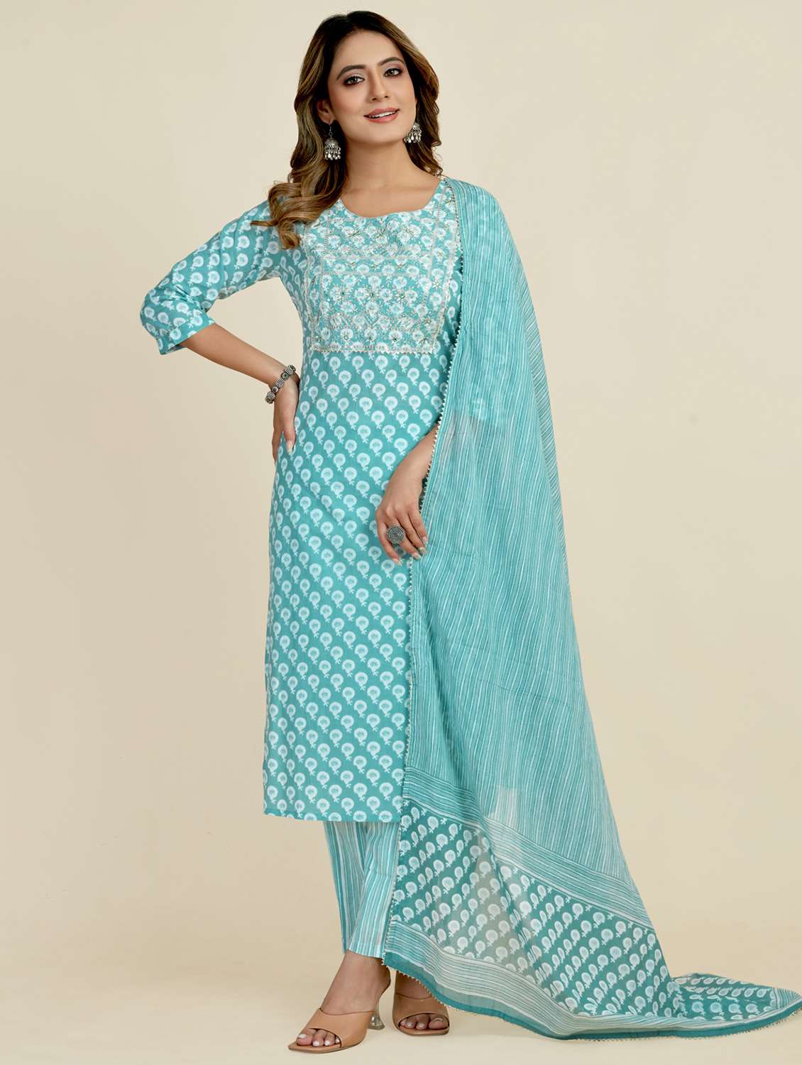 light blue colored kurta pant set
