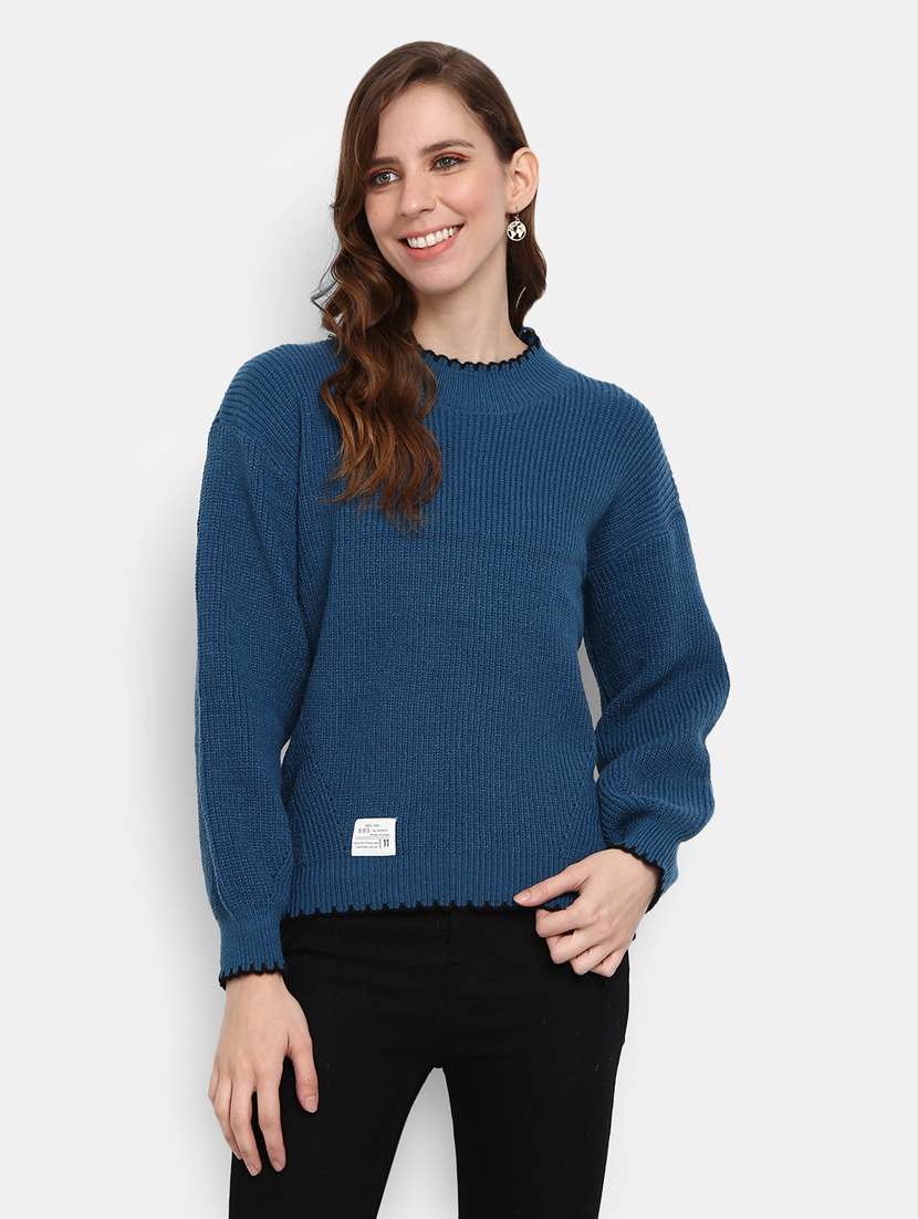 women blue cotton wool pullover