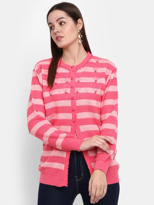 women's striped pink cotton wool cardigan - 20362836 -  Standard Image - 0