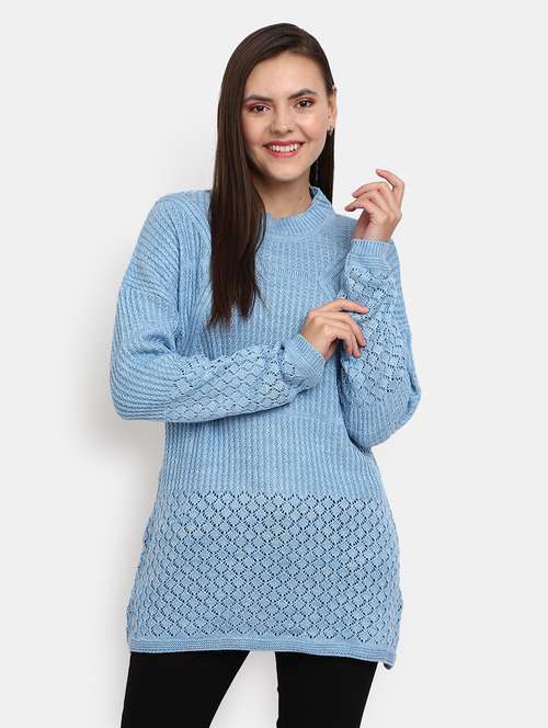 women's light blue cotton wool pullover - 20362866 - Standard Image - 0