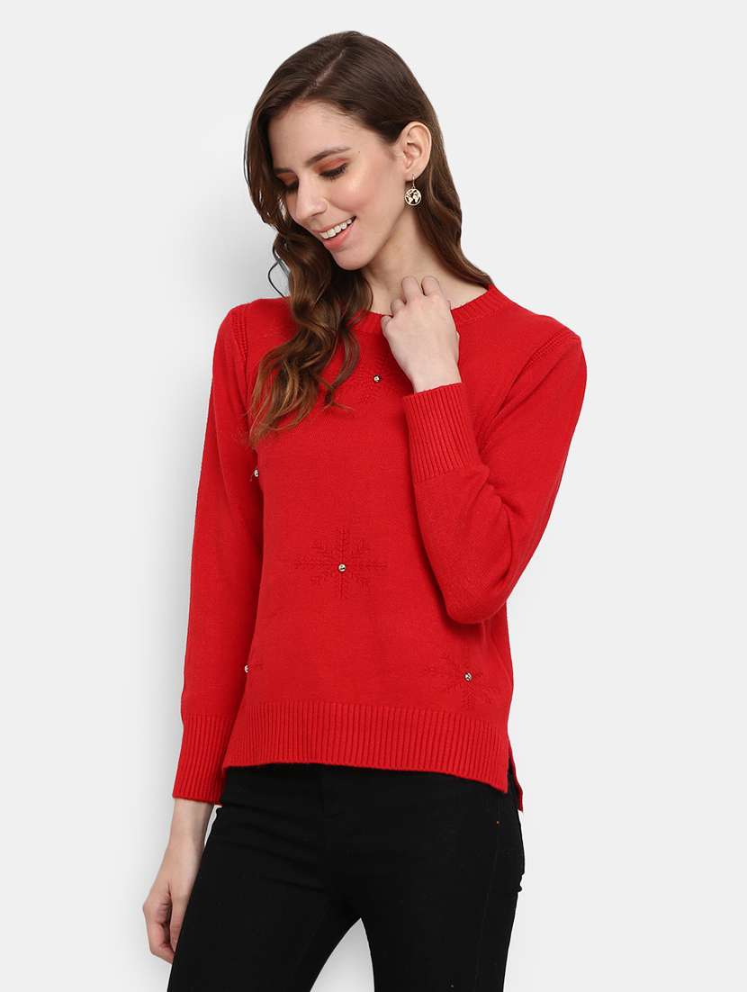 women red cotton wool pullover