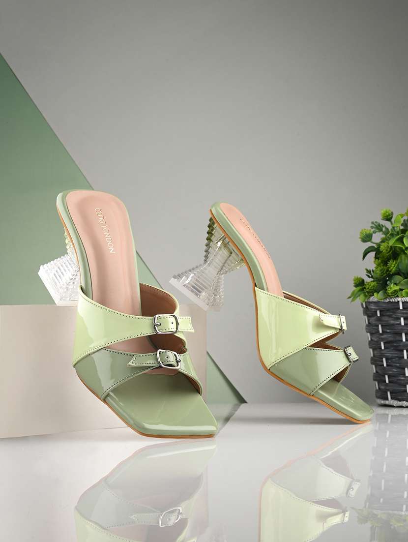 green synthetic slip on sandals
