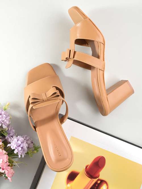 tan synthetic slip on sandals