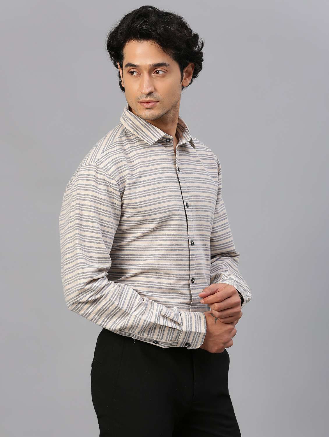 beige horizontal striped long sleeves formal shirt - 20365296 -  Standard Image - 2