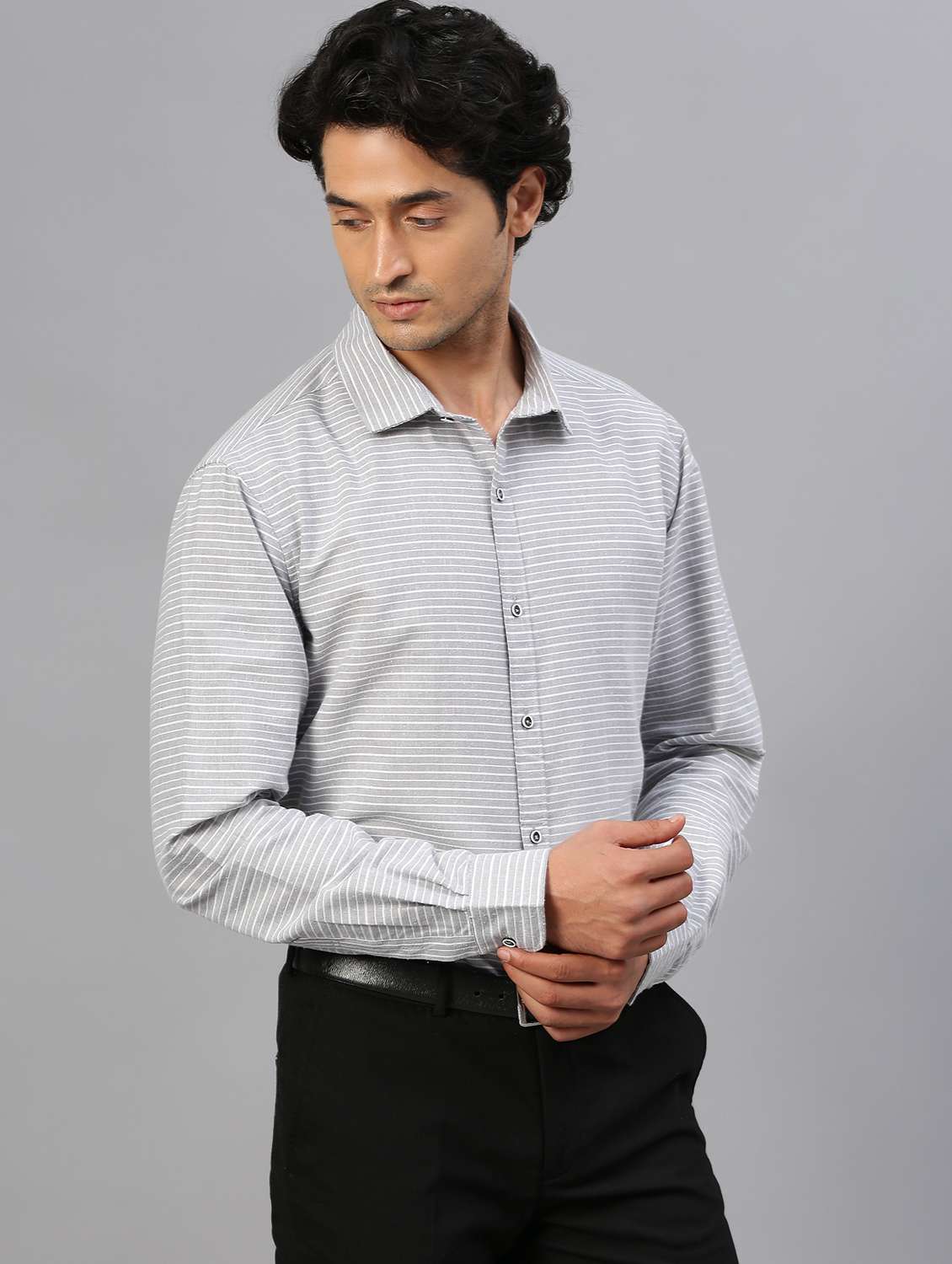 grey horizontal striped long sleeves formal shirt - 20365299 -  Standard Image - 2