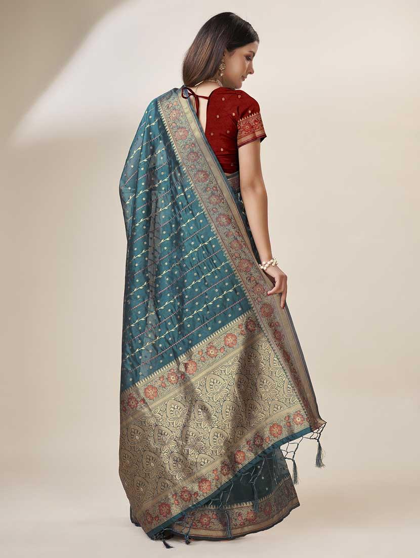 teal colored bordered saree - 20367493 - Standard Image - 2