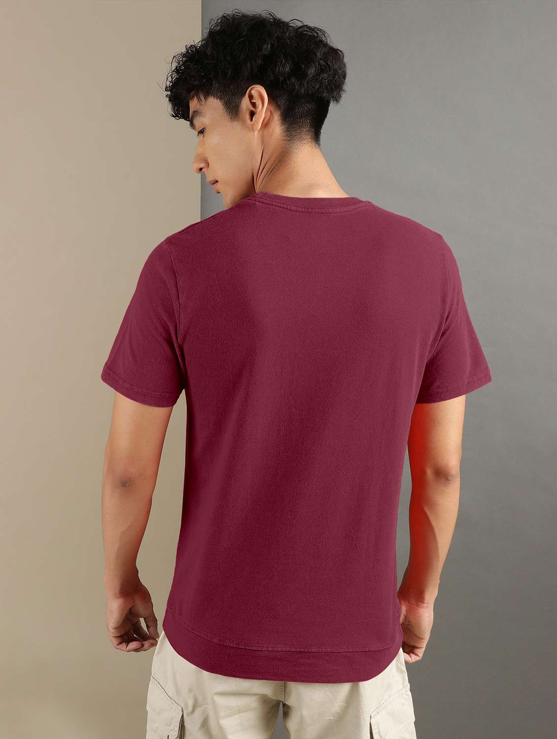 men burgundy round neck cotton blend regular t-shirt - 20367752 -  Standard Image - 2