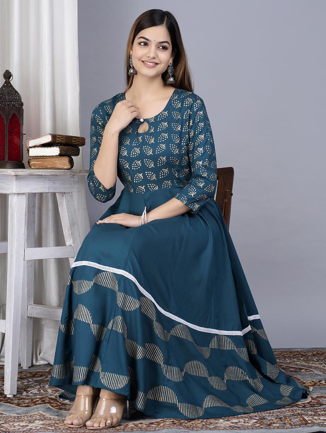 teal colored a-line kurta - 20369329 - Standard Image - 2