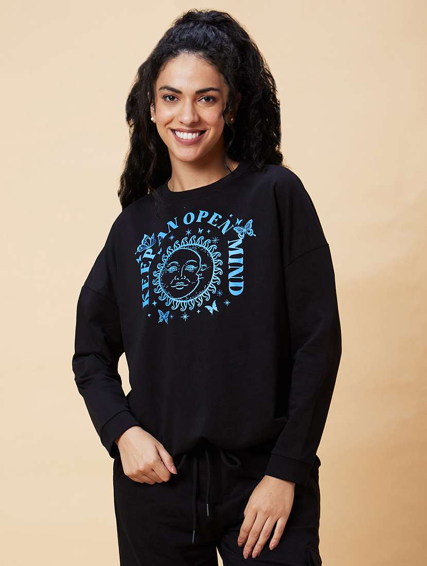 women black cotton front print sweatshirt