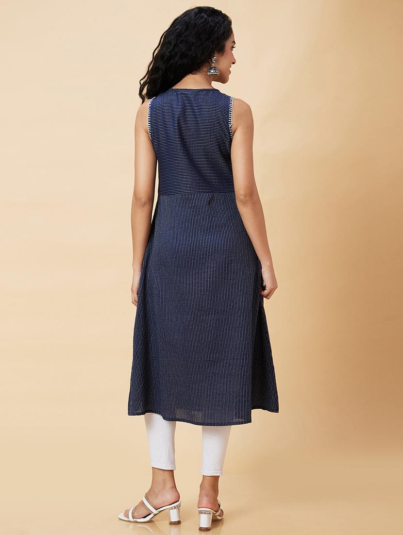 women navy blue cotton a-line kurta - 20375071 - Standard Image - 2