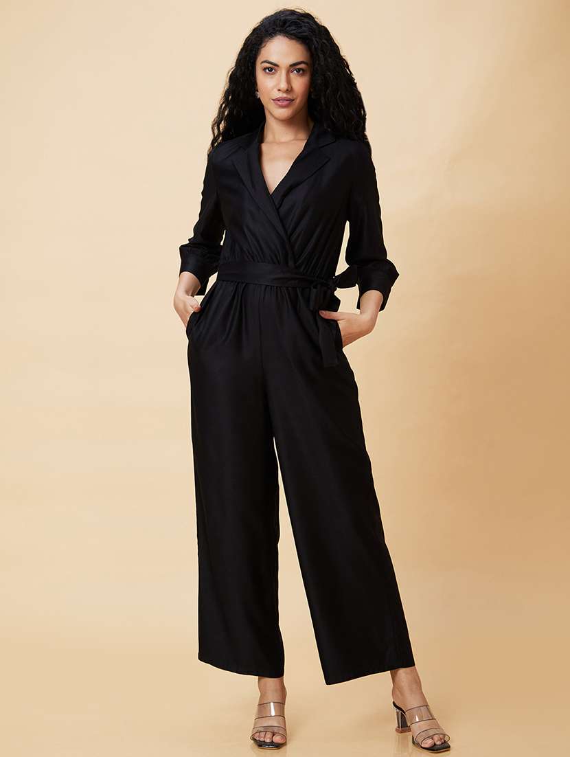 globus women black notched lapel cuffed sleeves waist tie-up party jumpsuit