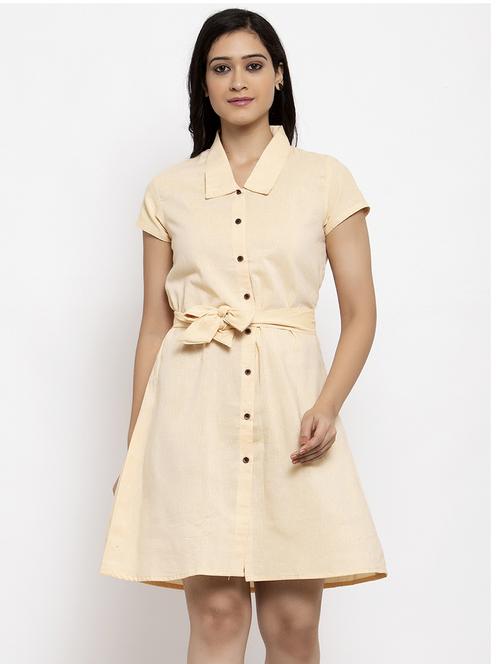 beige solid short sleeves shirt dress - 20375239 - Standard Image - 0