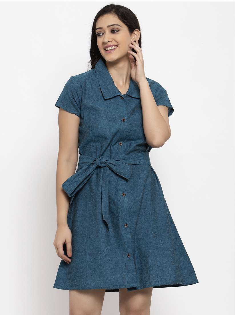 women blue solid short sleeves shirt dress 