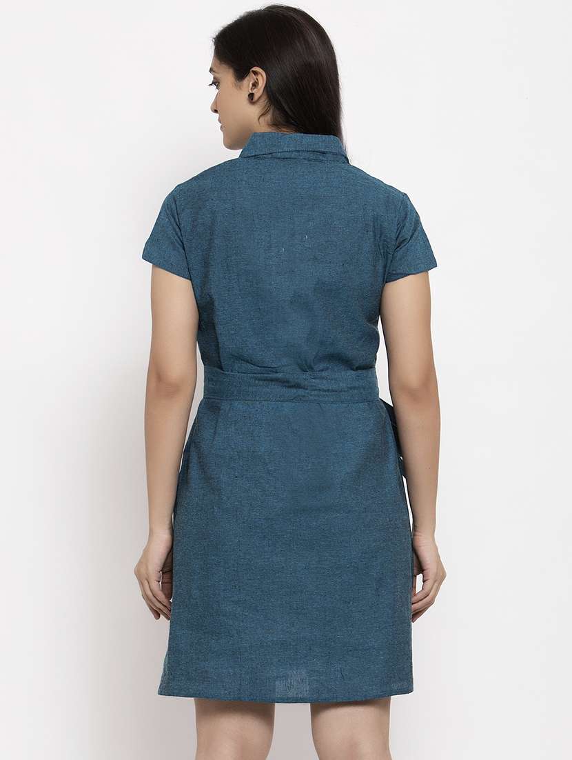 women blue solid short sleeves shirt dress  - 20375240 -  Standard Image - 2