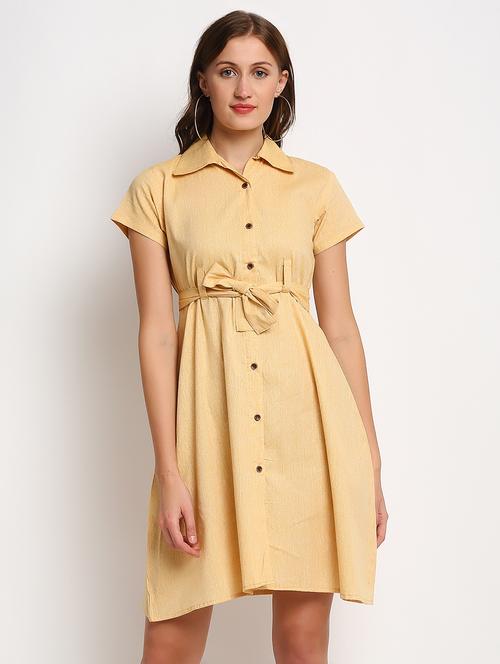 women yellow solid short sleeves shirt dress - 20375243 - Standard Image - 0