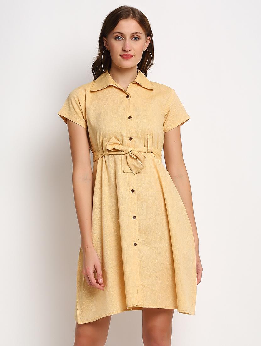 women yellow solid short sleeves shirt dress - 20375243 - Zoom Image - 0